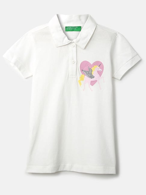 United Colors of Benetton Kids Off-White & Pink Cotton Printed Polo T-Shirt