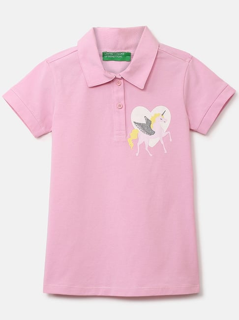 United Colors of Benetton Kids Pink & Off-White Cotton Printed Polo T-Shirt