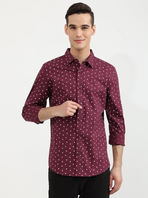 United Colors of Benetton Maroon Slim Fit Printed Shirt