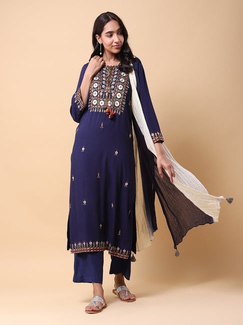 aarke Ritu Kumar Navy Embroidered Kurta With Pant & Dupatta