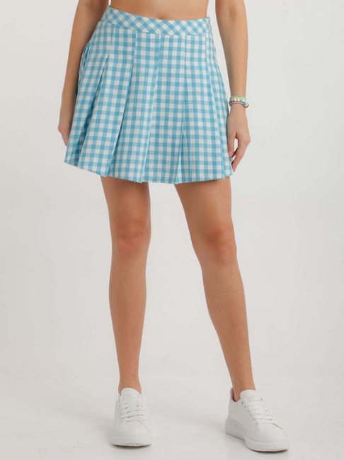 zink Z Blue Cotton Chequered A-Line Skirt Price in India