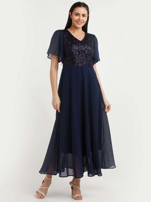 Zink London Navy Embellished Maxi Dress Price in India