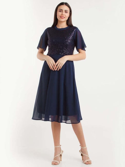 Zink London Navy Embellished A-Line Dress Price in India