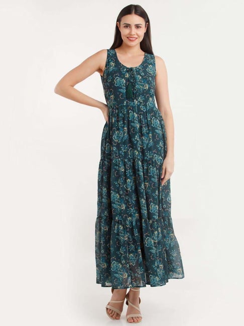 Zink London Green Printed Maxi Dress Price in India