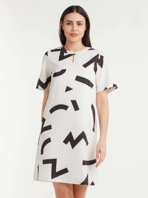Zink London White Printed A-Line Dress Price in India