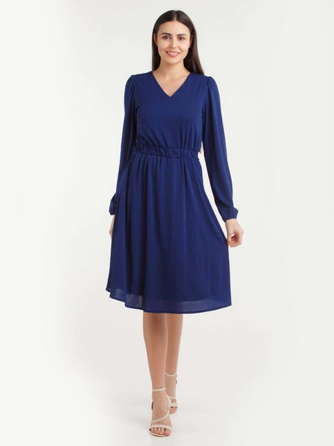 Zink London Navy Striped A-Line Dress Price in India