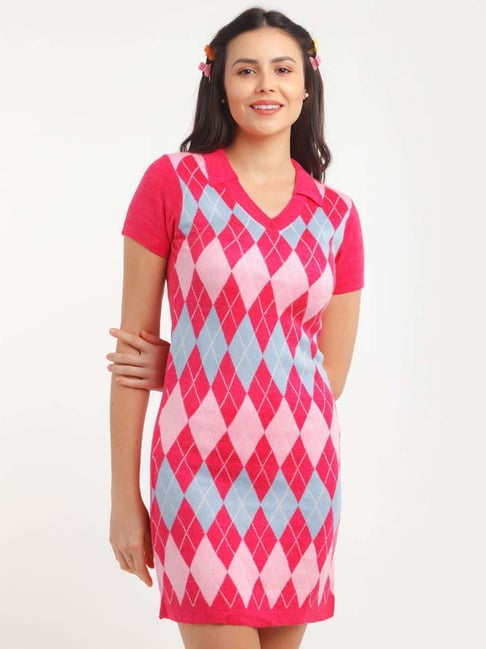 zink Z Pink Argyle Pattern Shift Dress Price in India