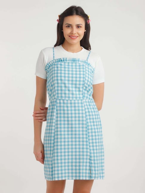 zink Z Blue Cotton Chequered A-Line Dress Price in India