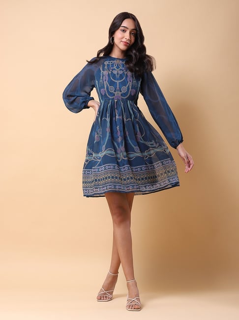 aarke Ritu Kumar Teal Printed Fit & Flare Dress