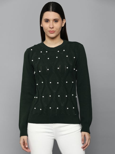 Allen Solly Dark Green Cotton Embellished Sweater-picture-10