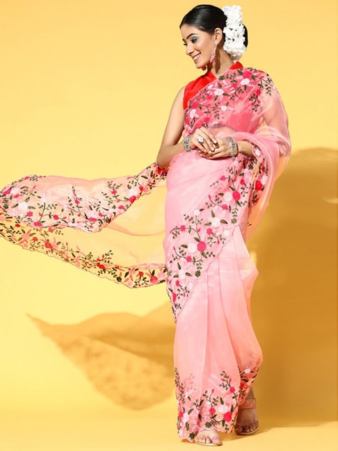 Saree Mall Pink Embroidered Saree With Unstitched Blouse Price in India