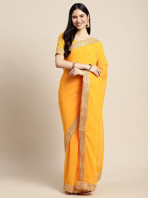 Saree Mall Yellow Embroidered Saree With Unstitched Blouse Price in India