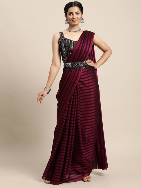 Saree Mall Maroon Striped Saree With Unstitched Blouse Price in India