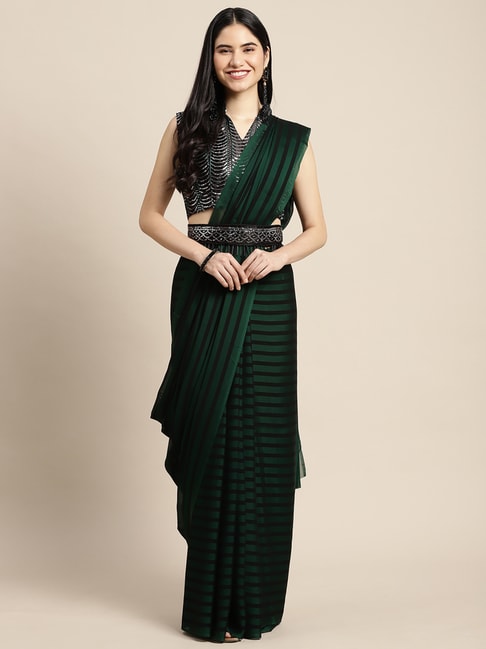 Saree Mall Green & Black Striped Saree With Unstitched Blouse Price in India