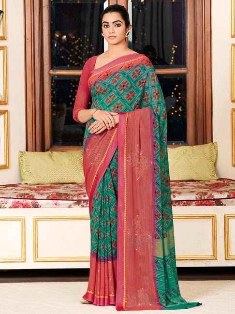Saree Mall Green Embellished Saree With Unstitched Blouse Price in India