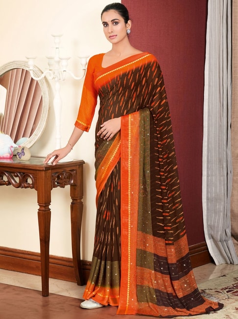 Saree Mall Brown & Orange Embellished Saree With Unstitched Blouse Price in India