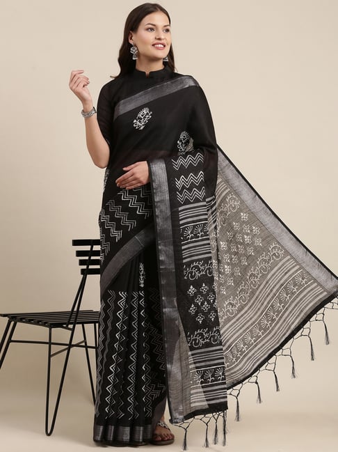 Saree Mall Black Linen Printed Saree With Unstitched Blouse Price in India