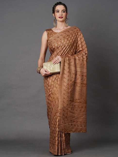Saree Mall Brown Printed Saree With Unstitched Blouse Price in India