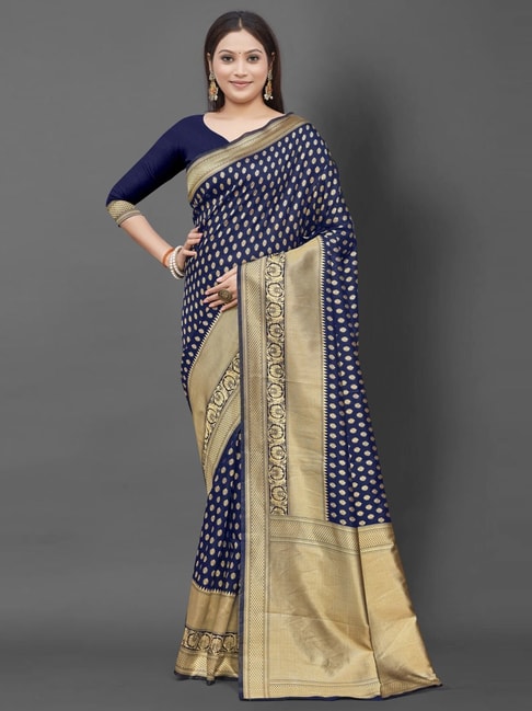 Saree Mall Navy Woven Saree With Unstitched Blouse Price in India