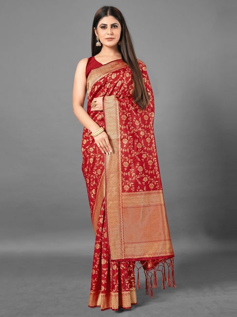 Saree Mall Maroon Woven Saree With Unstitched Blouse Price in India