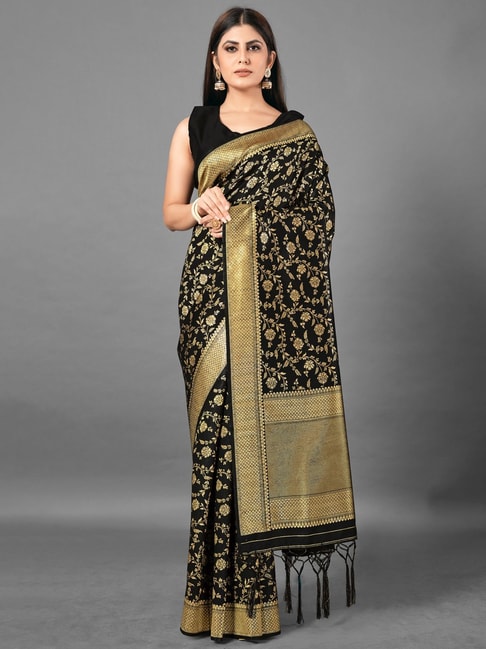 Saree Mall Black Woven Saree With Unstitched Blouse Price in India
