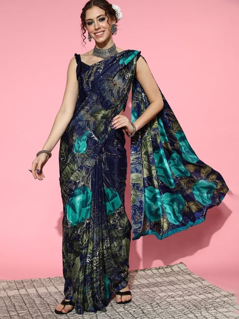 Buy Saree Mall Navy Floral Print Saree With Unstitched Blouse for