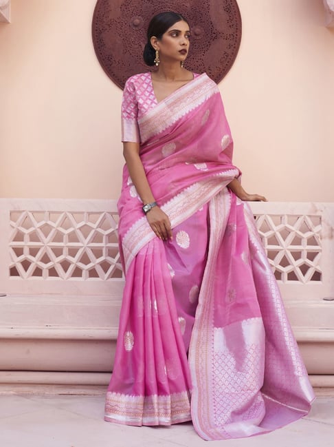 Saree Mall Pink Woven Saree With Unstitched Blouse Price in India