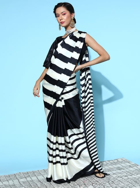 Saree Mall White & Black Striped Saree With Unstitched Blouse Price in India