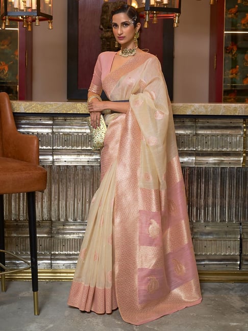 Saree Mall Pink Linen Woven Saree With Unstitched Blouse Price in India