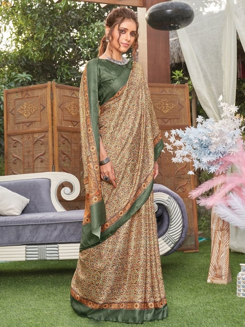 Saree Mall Beige & Green Printed Saree With Unstitched Blouse Price in India