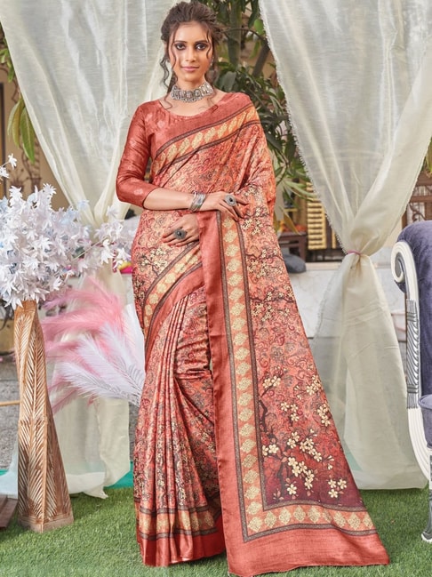 Saree Mall Peach Printed Saree With Unstitched Blouse Price in India