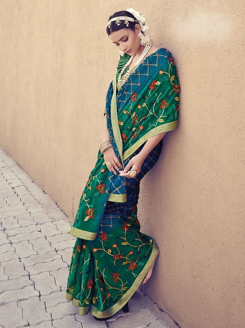 Saree Mall Green & Blue Embroidered Saree With Unstitched Blouse Price in India