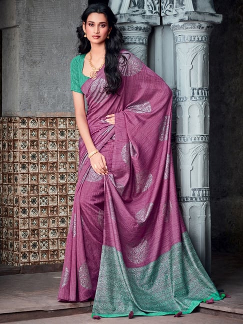 Saree Mall Purple Printed Saree With Unstitched Blouse Price in India