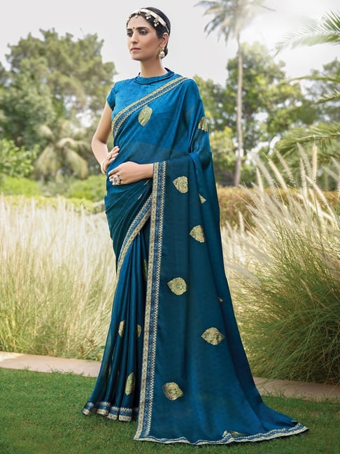 Saree Mall Blue Printed Saree With Unstitched Blouse Price in India