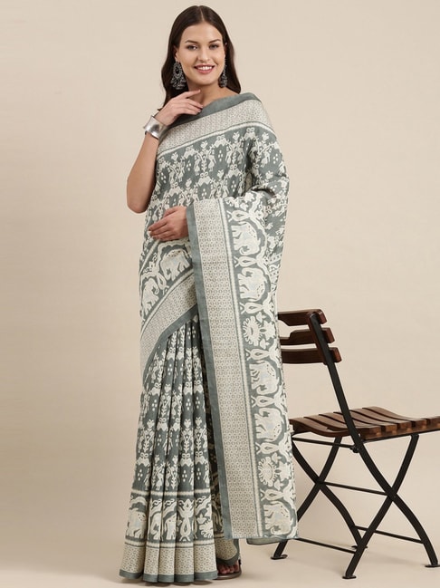 Saree Mall Grey Printed Saree With Unstitched Blouse Price in India