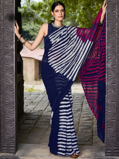 Saree Mall Blue Printed Saree With Unstitched Blouse Price in India