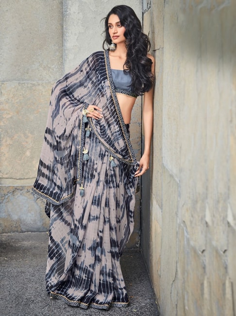 Saree Mall Grey & Black Printed Saree With Unstitched Blouse Price in India