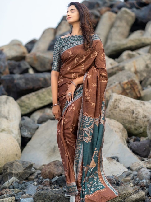 Saree Mall Brown Printed Saree With Unstitched Blouse Price in India
