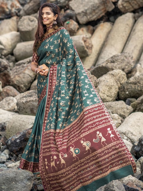 Saree Mall Turquoise Printed Saree With Unstitched Blouse Price in India