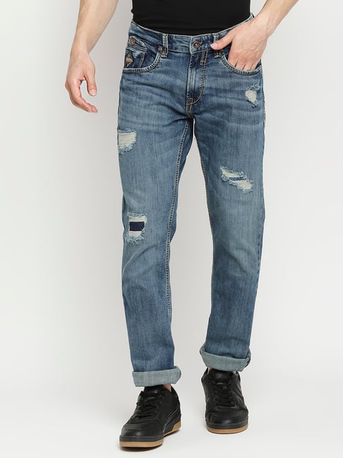 Spykar Blue Regular Fit Lightly Washed Jeans