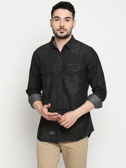 Spykar Black Slim Fit Denim Shirt