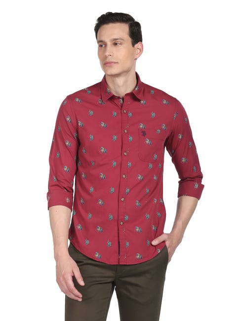 U S Polo Assn U.S. Polo Assn. Denim Co. Maroon Cotton Regular Fit Printed Shirt