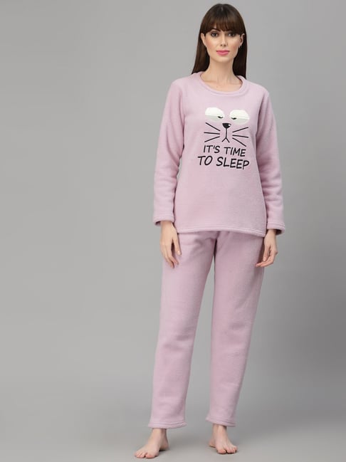 Sweet Dreams Lavender Fleece Printed Winterwear Top With Pyjamas