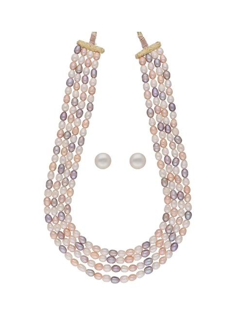 Sri Jagdamba Pearls Freena 4 Line White, Pink & Peach Pearl Necklace Set-image-32
