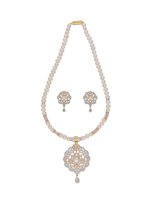 Sri Jagdamba Pearls Hemal Peach & White Pearl CZ Necklace Set-image-21