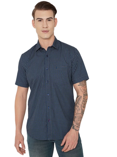 Greenfibre Blue Cotton Slim Fit Printed Shirt