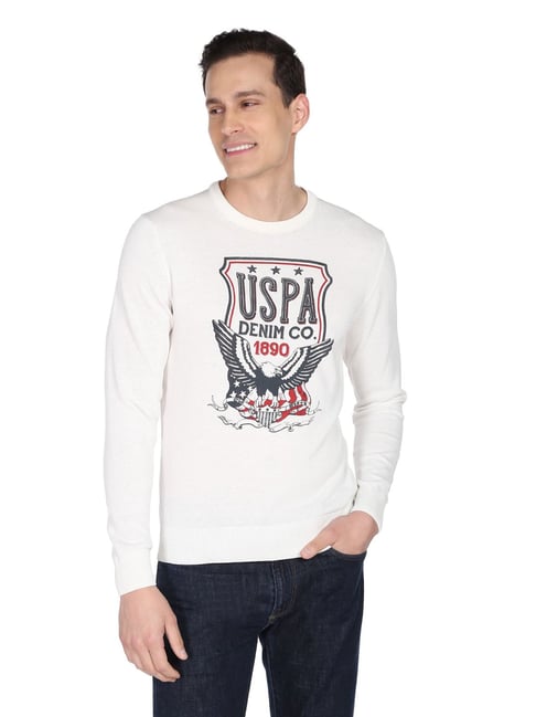 U S Polo Assn U.S. Polo Assn. Denim Co. Off White Cotton Regular Fit Printed Sweater