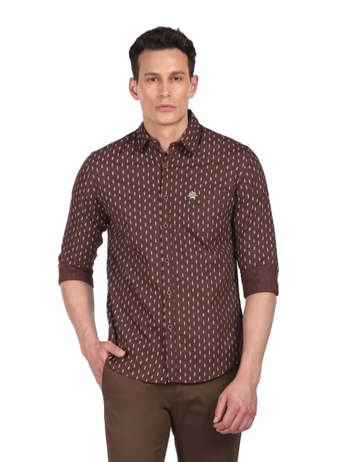 U S Polo Assn U.S. Polo Assn. Denim Co. Dark Brown Cotton Regular Fit Printed Shirt