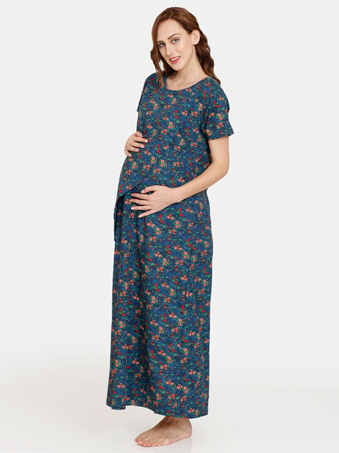 Zivame Blue Printed Maternity Night Dress