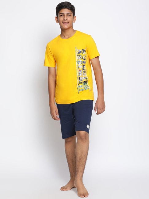 Lil Tomatoes Kids Mustard & Navy Printed T-Shirt with Shorts